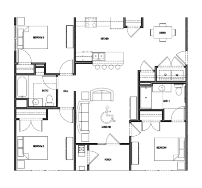 3 BEDROOM UNITY TYPE A - ROLL IN SHOWER: Beds - 3: Baths - 2: SqFt Range - 1257 to 1257