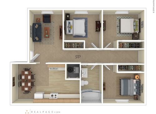 Three Bedroom: Beds - 3: Baths - 1: SqFt Range - 950 to 950