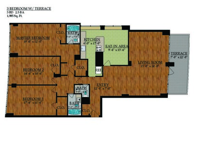 Three Bedroom 2.5 Bath Terrace: Beds - 3: Baths - 2.5: SqFt Range - 1985 to 1985
