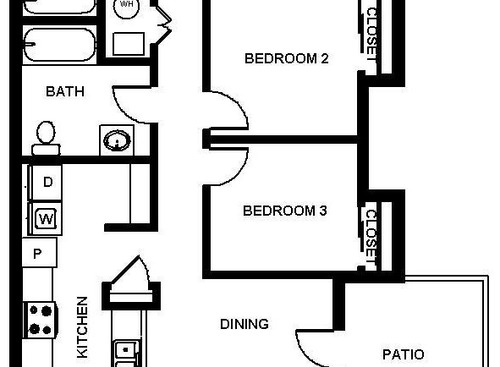 Plan E 3 Bed/2 Bath: Beds - 3: Baths - 2: SqFt Range - 989 to 989