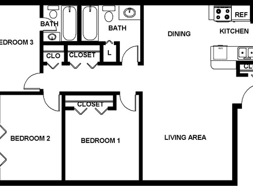 3 Bedroom: Beds - 3: Baths - 1.5: SqFt Range - 1051 to 1051