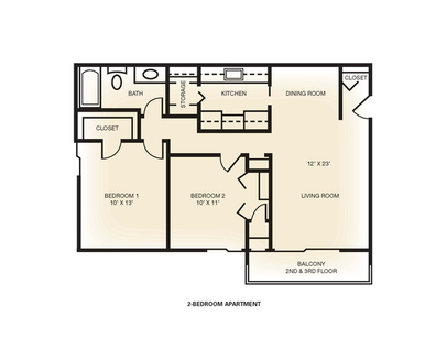 2 Bed / 1 Bath: Beds - 2: Baths - 1: SqFt Range - 865 to 865