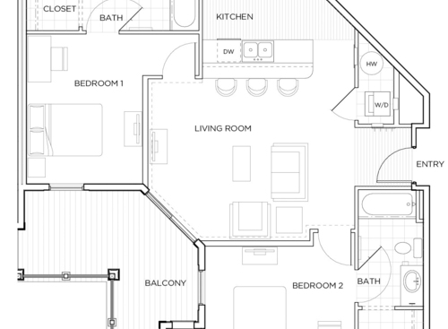 Duo II w/Balc: Beds - 2: Baths - 2: SqFt Range - 956 to 956