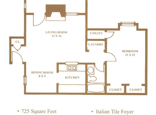 One Bedroom: Beds - 1: Baths - 1: SqFt Range - 725 to 725