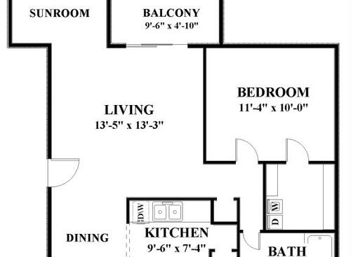 One Bedroom with Sunroom: Beds - 1: Baths - 1: SqFt Range - 740 to 740