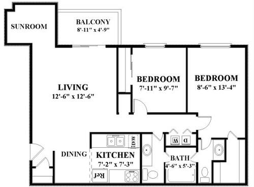 Two Bedroom with Sunroom: Beds - 2: Baths - 1: SqFt Range - 1050 to 1070