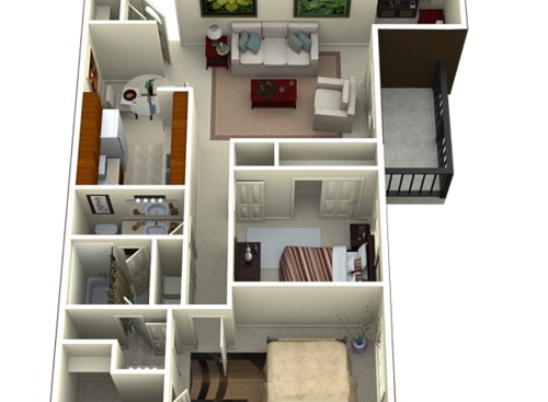 Two Bedroom with Sunroom: Beds - 2: Baths - 1: SqFt Range - 1050 to 1070