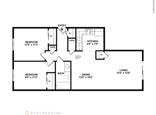Two Bedroom One Bath: Beds - 2: Baths - 1: SqFt Range - 850 to 850