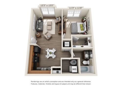 1 Bedroom, 1 Bathroom Floor Plan