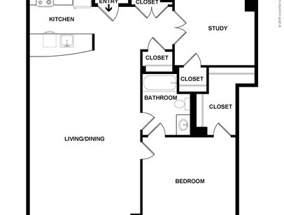 Boott East One Bedroom plus Den: Beds - 1: Baths - 2: SqFt Range - 1343 to 1343