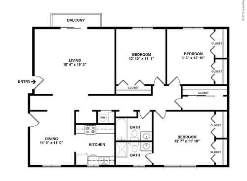 Monticello (3 Bedroom / 2 Bath): Beds - 3: Baths - 2: SqFt Range - 1327 to 1327