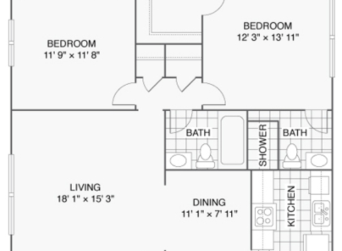 Glessner (2 Bedroom / 2 Bath): Beds - 2: Baths - 2: SqFt Range - 1009 to 1009