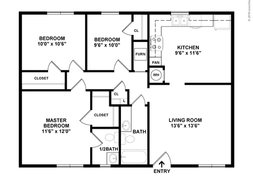 Three Bedroom: Beds - 3: Baths - 1.5: SqFt Range - 982 to 982