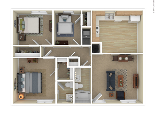 Three Bedroom: Beds - 3: Baths - 1.5: SqFt Range - 982 to 982