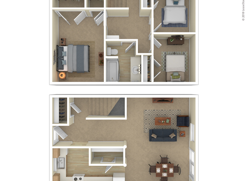 3 Bedroom Town House: Beds - 3: Baths - 1: SqFt Range - 1022 to 1022