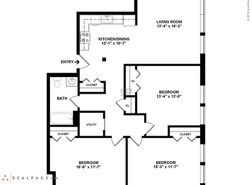 Three Bedroom: Beds - 3: Baths - 1: SqFt Range - 1261 to 1261