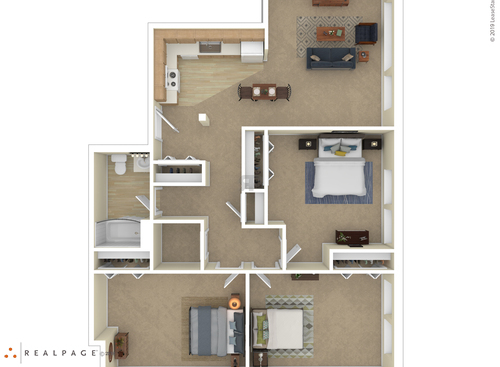 Three Bedroom: Beds - 3: Baths - 1: SqFt Range - 1261 to 1261