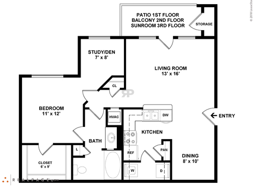 Calhoun Study III (w/o balcony: Beds - 1: Baths - 1: SqFt Range - 920 to 920