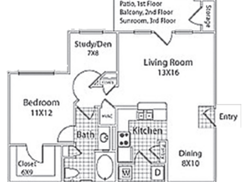 Calhoun Study III (w/o balcony: Beds - 1: Baths - 1: SqFt Range - 920 to 920