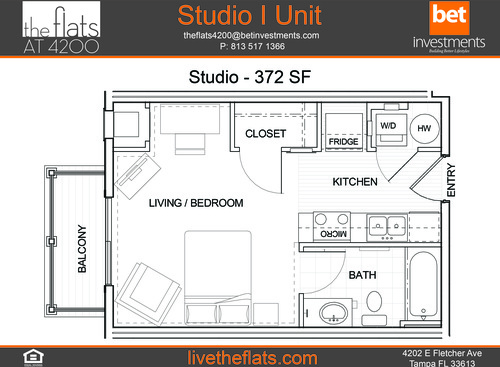 Studio I w/Balc: Beds - 1: Baths - 1: SqFt Range - 372 to 372