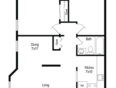 Two Bedroom (Standard): Beds - 2: Baths - 1: SqFt Range - 940 to 940