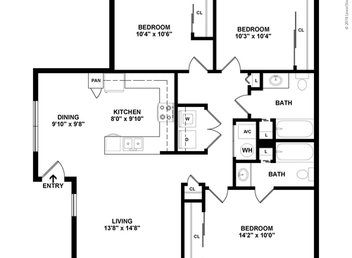 Three Bedroom Two Bath: Beds - 3: Baths - 2: SqFt Range - 1051 to 1051