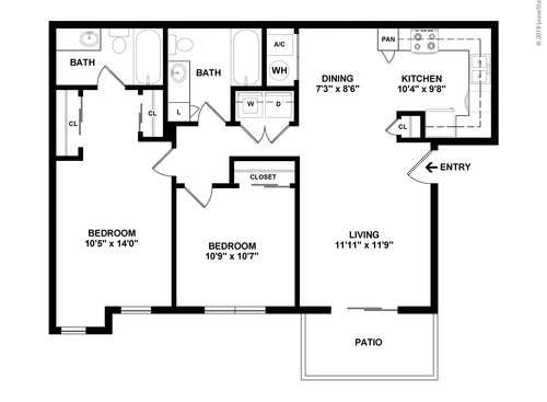 Two Bedroom Two Bath: Beds - 2: Baths - 2: SqFt Range - 907 to 907