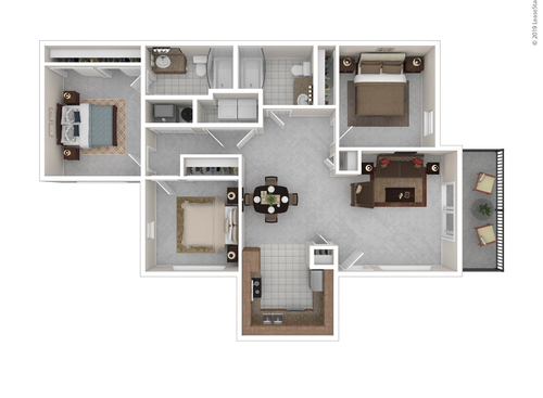 Three Bedroom Two Bath: Beds - 3: Baths - 2: SqFt Range - 1051 to 1051