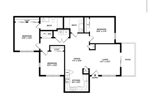 Three Bedroom Two Bath: Beds - 3: Baths - 2: SqFt Range - 1051 to 1051