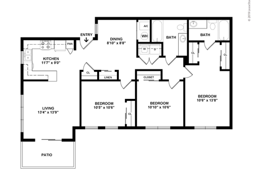 Three Bedroom Two Bath: Beds - 3: Baths - 2: SqFt Range - 1051 to 1051