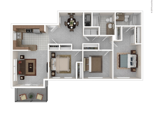 Three Bedroom Two Bath: Beds - 3: Baths - 2: SqFt Range - 1051 to 1051