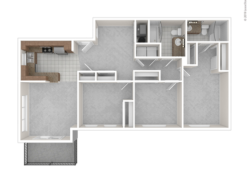 Three Bedroom Two Bath: Beds - 3: Baths - 2: SqFt Range - 1051 to 1051