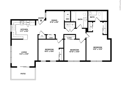 Three Bedroom Two Bath: Beds - 3: Baths - 2: SqFt Range - 1051 to 1051
