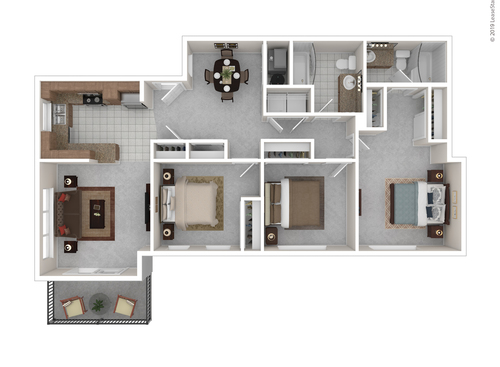 Three Bedroom Two Bath: Beds - 3: Baths - 2: SqFt Range - 1051 to 1051