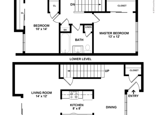 2 Bed / 1 Bath Townhome: Beds - 2: Baths - 1: SqFt Range - 889 to 889