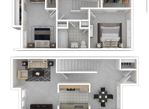 2 Bed / 1 Bath Townhome: Beds - 2: Baths - 1: SqFt Range - 889 to 889