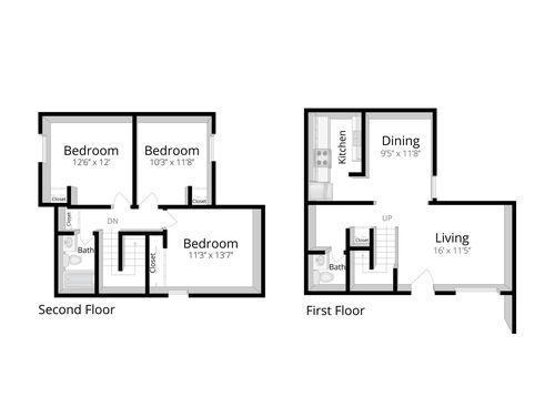 Three Bedroom Two Bath: Beds - 3: Baths - 2: SqFt Range - 1203 to 1203