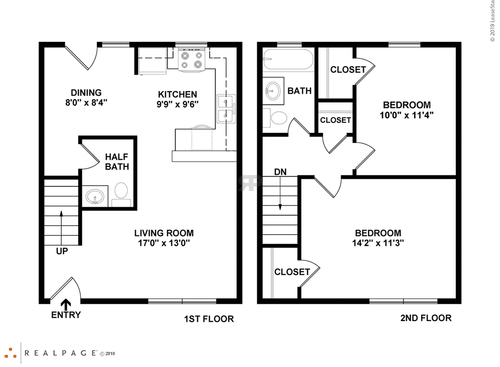 Two Bedroom Townhome: Beds - 2: Baths - 1.5: SqFt Range - 1190 to 1190