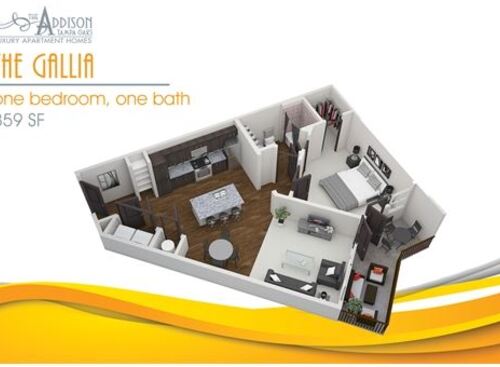 The 3-D Gallia floor plan. One bedroom, one bathroom, and 859 square feet.