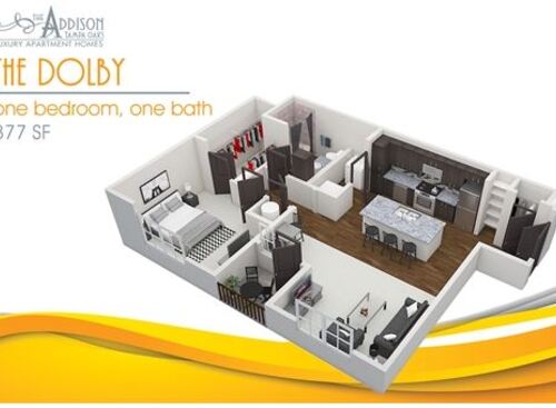 3D floor plan of The Dolby. One bedroom, one bathroom, and 877 square feet.
