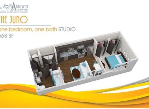 Furnished 3D floor plan of the Juno. One bedroom, one bathroom, studio, and 568 square feet.