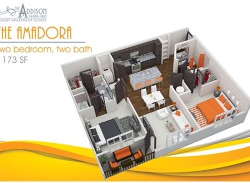 The Amadora floor plan, two bedroom, two bathroom and 1173 square feet.