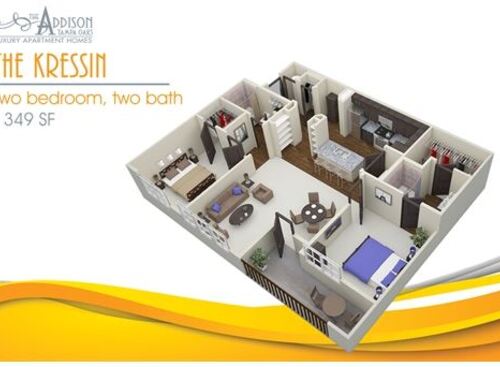 The 3-D floor plan for the Kressin. Two bedroom, two bathroom, and 1349 square feet.