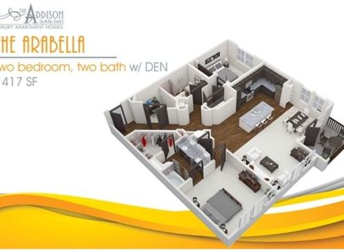 3D floor plan of The Arabella, two bedroom, two bathroom with den. 1417 square feet.