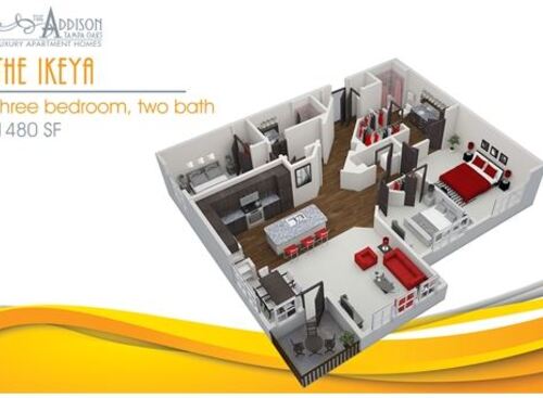 The 3-D floor plan of the Ikeya. Three bedroom, two bathroom, and 1480 square feet.