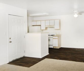 View from living room of kitchen