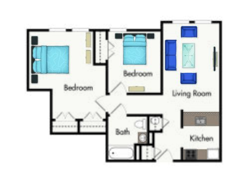 One Bedroom One Bath: Beds - 2: Baths - 1: SqFt Range - 747 to 747