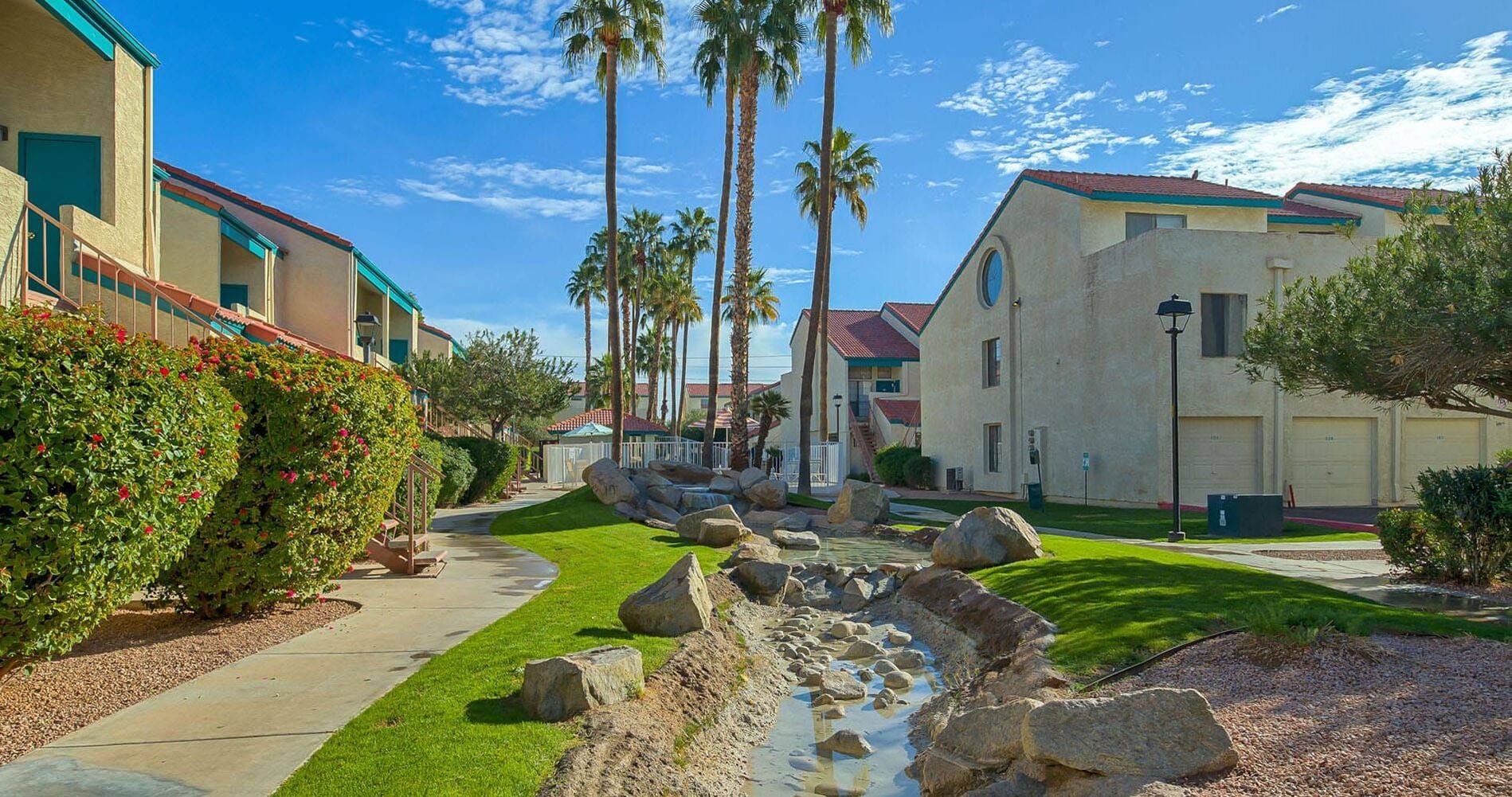 Crystal Springs landscaped stream and apartment buildings.