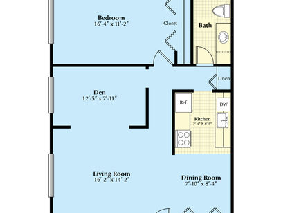The Executive (with Den): Beds - 1: Baths - 1: SqFt Range - 830 to 830