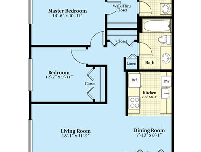 The Executive (with Den): Beds - 2: Baths - 1: SqFt Range - 930 to 930